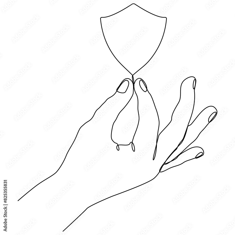 Poster hands holding shield badge continuous one line drawing. guard protect linear symbol. vector illustra