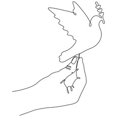 Continuous line drawing hands with flying dove with olive branch. Peace bird linear symbol. Vector illustration isolated on white.	
