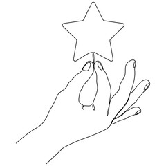 Hand holding star continuous one line drawing. Ranking symbol. Vector illustration isolated on white.