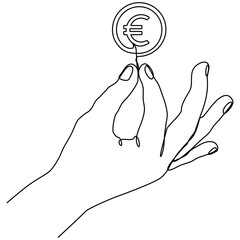 Euro coin in hand continuous line drawn. Pay symbol. Charity donation concept. Vector illustration isolated on white.