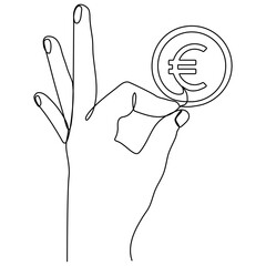 Euro coin in hand continuous line drawn. Pay symbol. Charity donation concept. Vector illustration isolated on white.