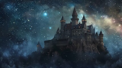 A medieval castle standing tall and proud against the backdrop of a defocused, starry night sky filled with particles -