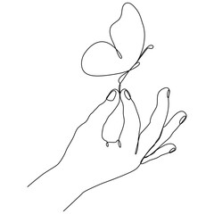 Hand holding flying butterfly continuous line drawn. Vector illustration isolated on white.	