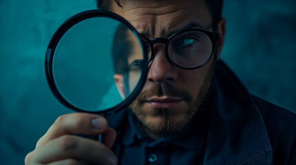 Man with glasses holding a magnifying glass close to his face, scrutinizing an object with a serious expression.