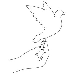 Hand holding flying dove continuous line drawing. Peace linear symbol. Vector hand drawn illustration isolated on white.