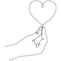 Hand holding heart continuous one line drawing. Love concept. Charity symbol. Vector illustration isolated on white.