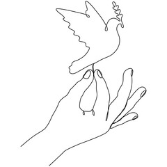 Continuous line drawing hand with flying dove with olive branch. Peace bird linear symbol. Vector illustration isolated on white.	