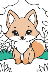 Chibi Kawaii style of a Sweet little fox in garden, coloring page, Cute background