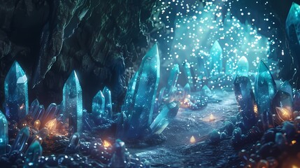A mystical cave filled with glowing crystals, with a defocused backdrop of shimmering particles -