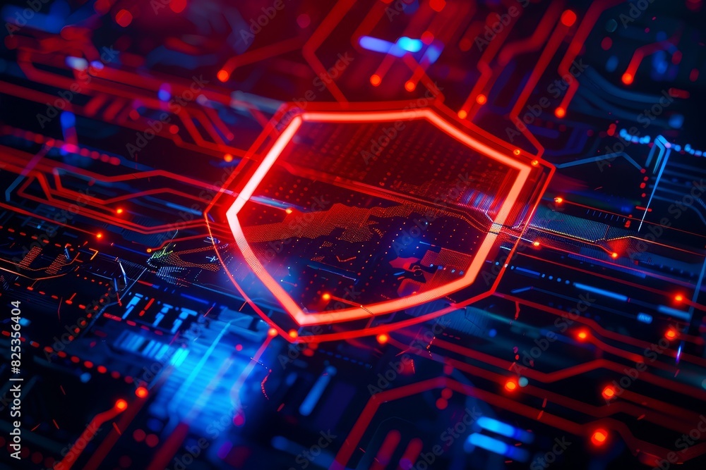 Poster closeup of a shield emblem on a computer screen, network security context, emphasizing safety, cyber