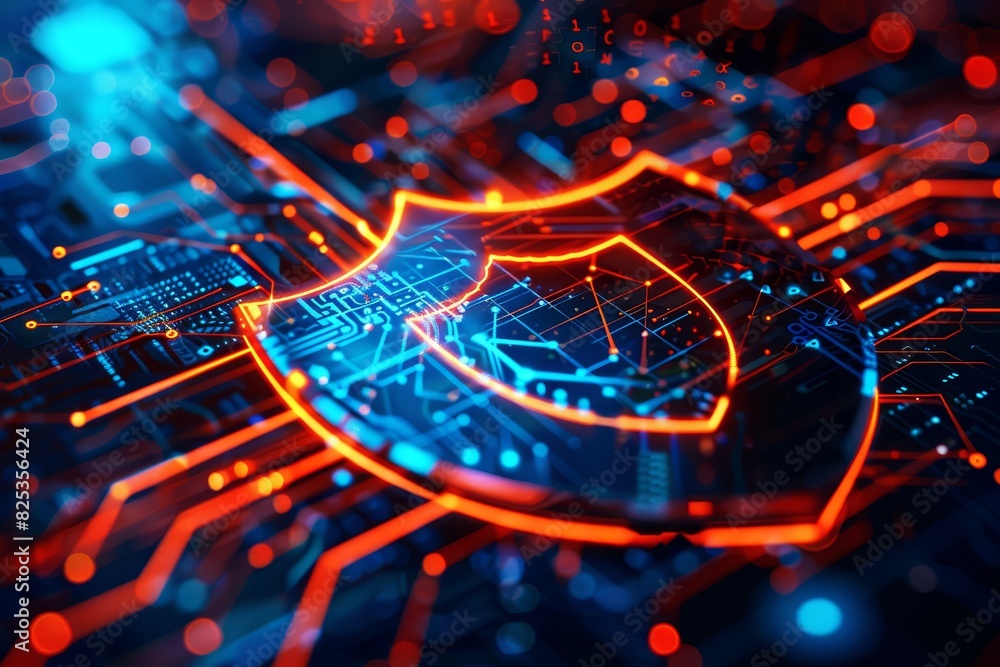 Poster closeup of a shield emblem on a computer screen, network security context, emphasizing safety, cyber