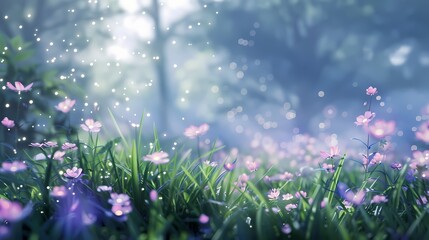 A peaceful meadow blanketed in morning mist, with a defocused background of glowing particles -