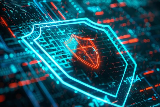 Closeup of a shield emblem on a computer screen, network security context, emphasizing safety, cybernetic tone, Triadic Color Scheme
