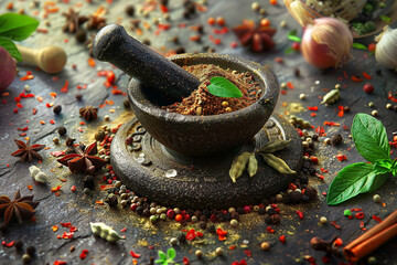 A black mortar and pestle sits on a table with a variety of spices