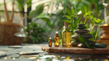 Closeup of essential oils and massage stones in a spa, focus on, relaxation therapy, photorealistic, Fusion, calming spa environment backdrop