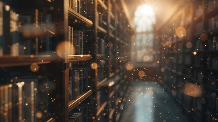 A quiet library, with a defocused background of softly glowing particles and a sense of tranquility...