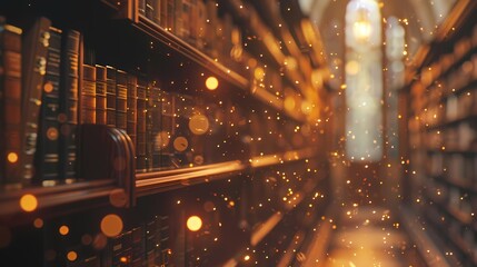 A quiet library, with a defocused background of softly glowing particles and a sense of tranquility -
