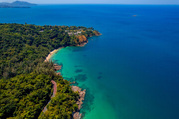Paradise Thai Phuket, blue sea and sand beach Banana, travel photo Thailand by drone, aerial top view