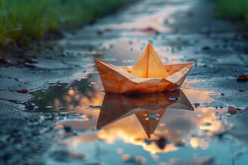 Paper boat in puddle reflecting sunset sky