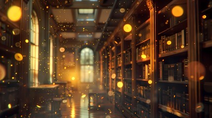 A quiet library, with a defocused background of softly glowing particles and a sense of tranquility -