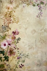 Vintage fabric texture background with delicate flower collage