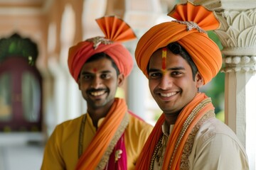 Fototapeta premium Two joyful indian men dressed in colorful turbans and ethnic wear smile during a cultural celebration