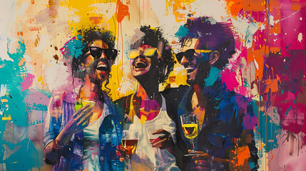 Friends celebrate and laugh together, wearing sunglasses, enjoying summer vibes, having fun, and sipping refreshing drinks under the sun