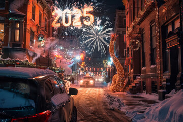 A car is driving down a snowy street with a large sign that says "2025" on it