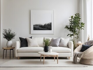 A modern and minimal living room with sofa, interior design, 