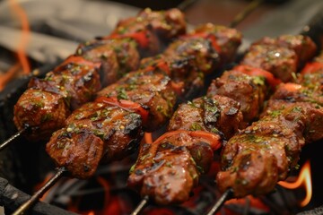 Juicy beef skewers with herbs and vegetables cooking on a flaming grill