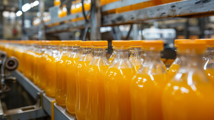 A row of orange juice bottles on a conveyor belt