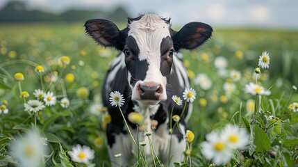 A black and white cow is standing in a field of yellow flowers