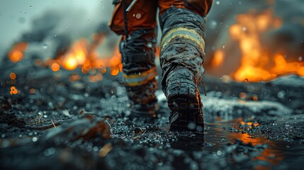 A firefighter is walking through a fire scene with his boots covered in mud