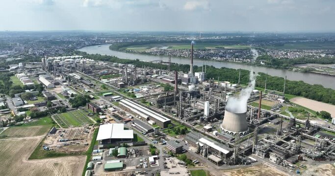 Oil refinery in Wesseling, Germany. Petrochemical industry. Birds eye view.