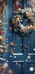 Modern door facade with Christmas decorations. Christmas holidays. Theme with Christmas decorations.