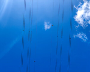 Diagonal hanging high-voltage transmission power lines against blue sky with clouds and shining...