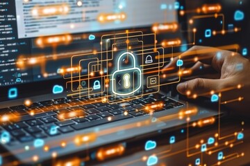 Obraz premium Innovative cloud computing with data protection and secure network connections, illustrated with vibrant blue and green elements and a tech themed design