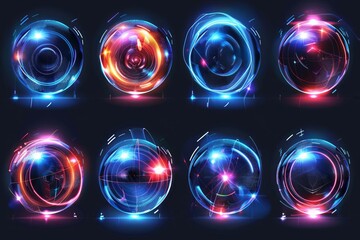 set of glowing spherical energy shields futuristic force field defense technology vector illustration