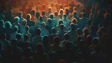A crowd of people are standing in a dark room