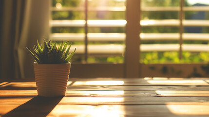 vaso de planta na mesa de madeira pela manhã