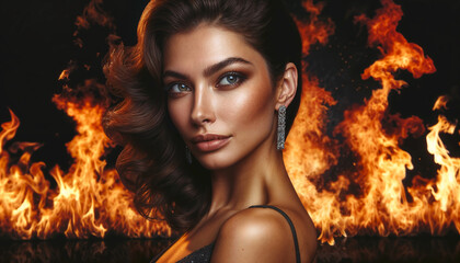 Elegant Woman Posing Against a Blazing Fire Background at Night