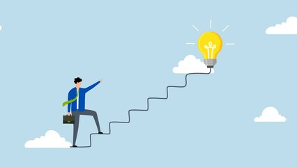 Creativity for business idea, 4k animation of businessman starts walking on power line like staircase to big idea bulb.