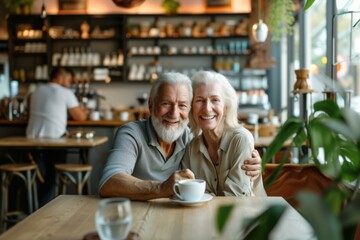 Smiling elderly couple share a moment over coffee in a cozy cafe setting