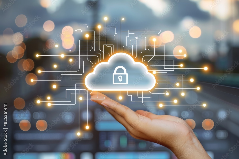 Poster innovative cloud security with data protection and secure device integration, highlighted by vibrant