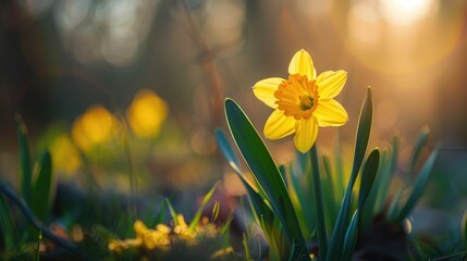 Close up image of a yellow daffodil in its natural environment