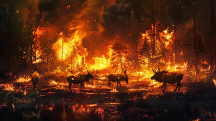 Fire in the forest. The animals are running away from the fire. The fire is spreading quickly. The animals are in danger.