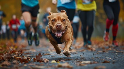 A dog running down a road with a group of people following closely behind in a marathon event