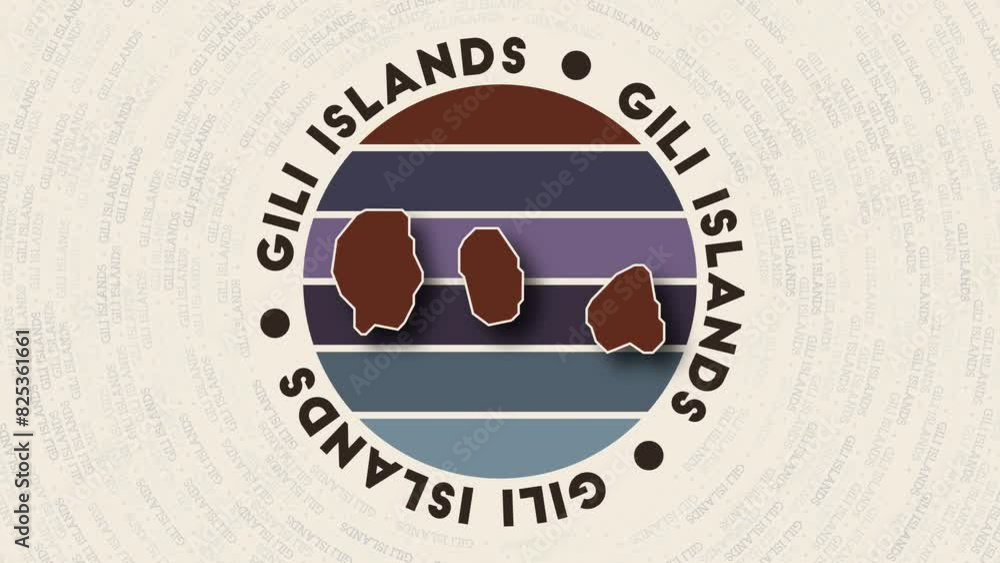 Poster gili islands logo intro. badge with the circular name and map of the island. appealing gili islands 