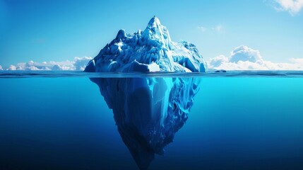 The photo shows the tip of an iceberg floating in the ocean. The iceberg is mostly hidden underwater, with only a small portion visible above the surface.
