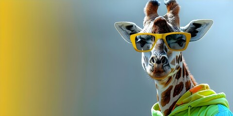 A fashionable giraffe in hiphop clothing strikes a comical colorful pose. Concept Animal Portraits, Fashionable Outfits, Comedic Poses, Vibrant Colors, Hip-hop Theme